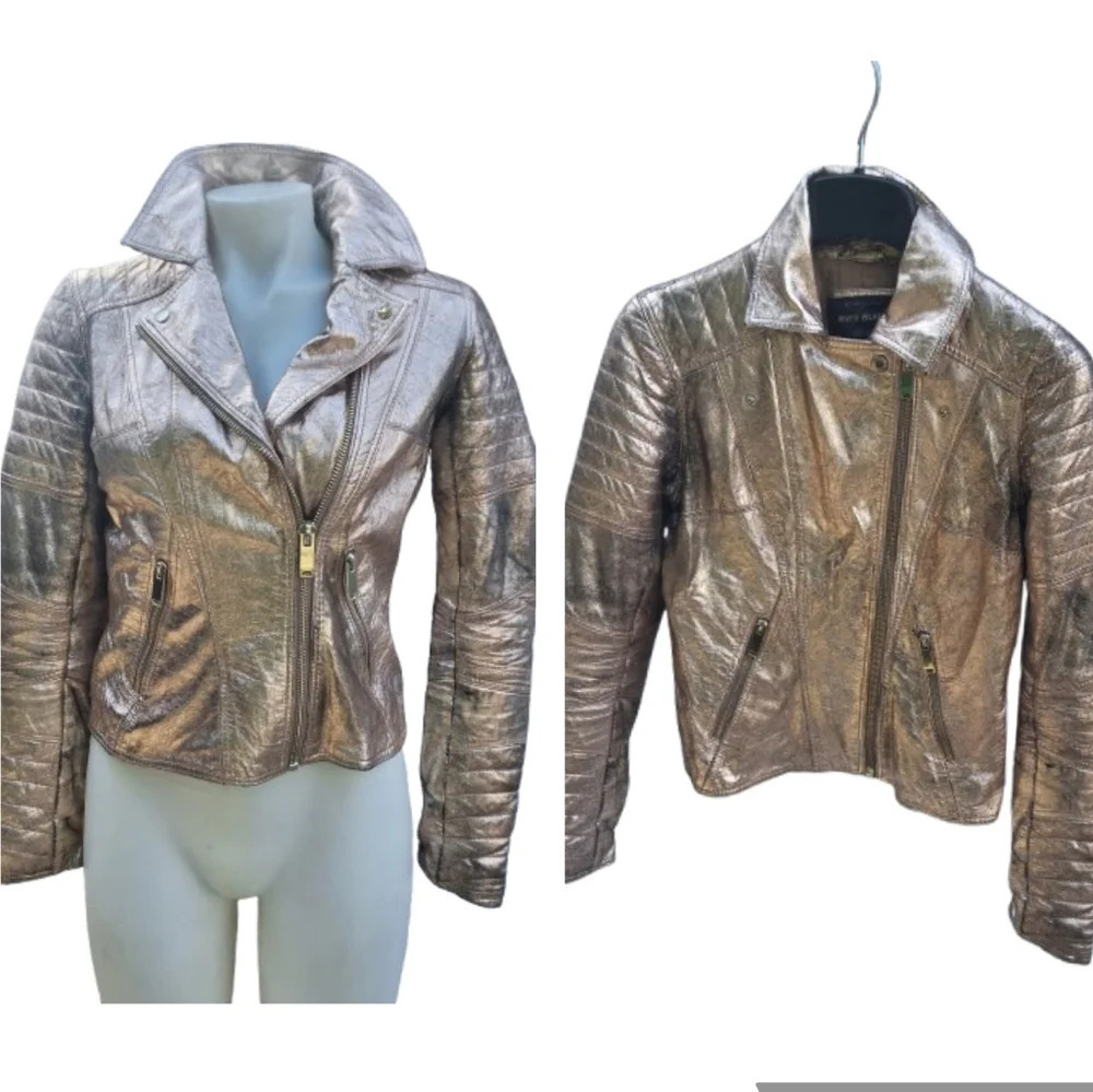 River Island Distressed Rose/ Gold leather bomber jacket S UK8 - Picture 2 of 16